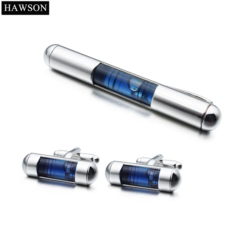 Blue Water Level Cufflinks & Tie Clip Set